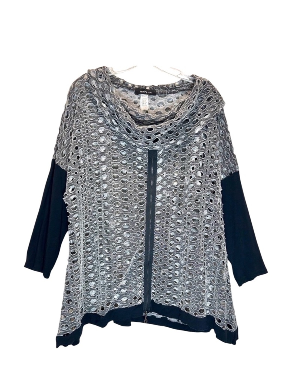 Yushi Gray Openwork Layered Cowl Neck Lagenlook Tunic Top, Black Sleeves - Large